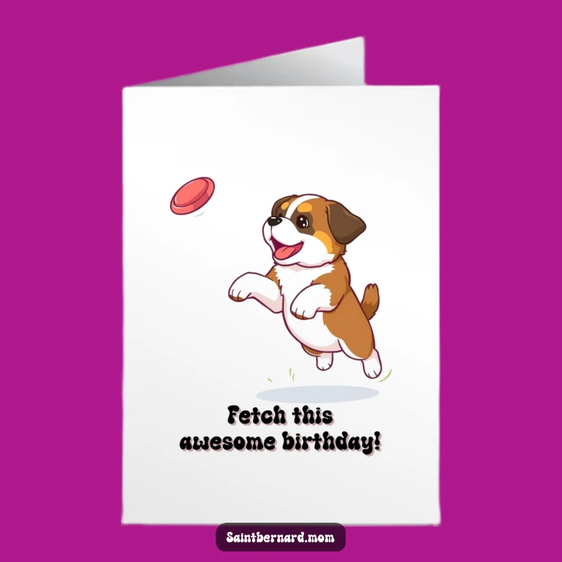 Free Printable Birthday Card: Funny Saint Bernard Puppy Frisbee Catch, Downloadable Fun Gift