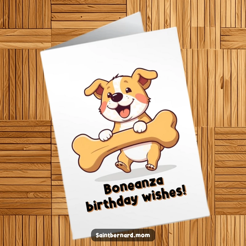 Funny Free Printable Birthday Card: A dog joyfully retrieves a comically giant, oversized bone, ready for a birthday feast.