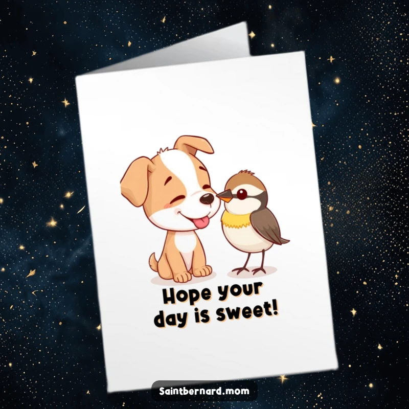 Funny Free Printable Happy Birthday Card: A large dog gently licks a tiny, curious bird with a friendly expression.
