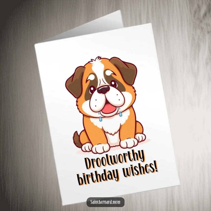 Funny Free Printable Birthday Card: A Saint Bernard dog with a huge, friendly drool smile, ready to celebrate.