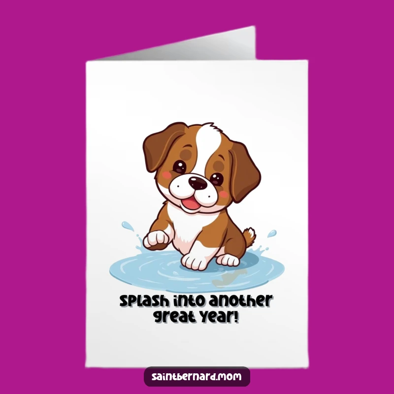 Free Printable Birthday Card: Playful Kawaii Saint Bernard Puddle Splash Fun