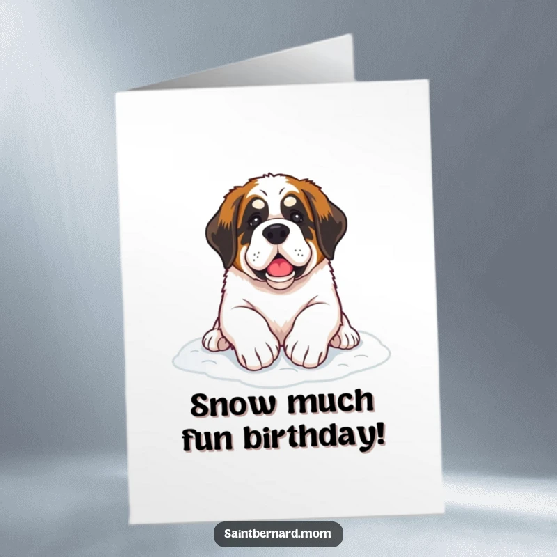 Free Printable Birthday Card: A Saint Bernard dog with paws resting peacefully on soft, white snow.