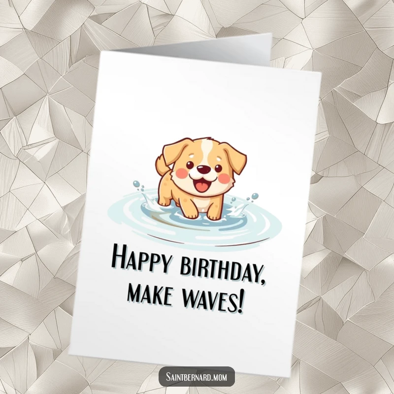 Funny Free Printable Birthday Card: A dog wades happily through shallow water, creating playful splashes for a festive occasion.
