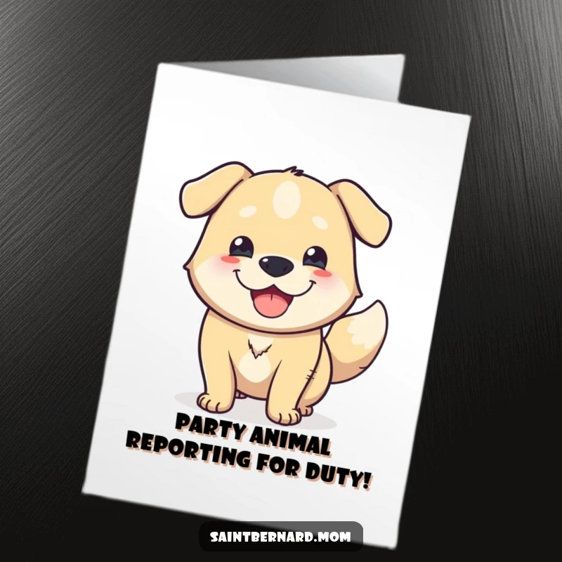 Funny Free Printable Happy Birthday Card: Massive dog with a huge grin wags its tail enthusiastically, spreading birthday cheer.