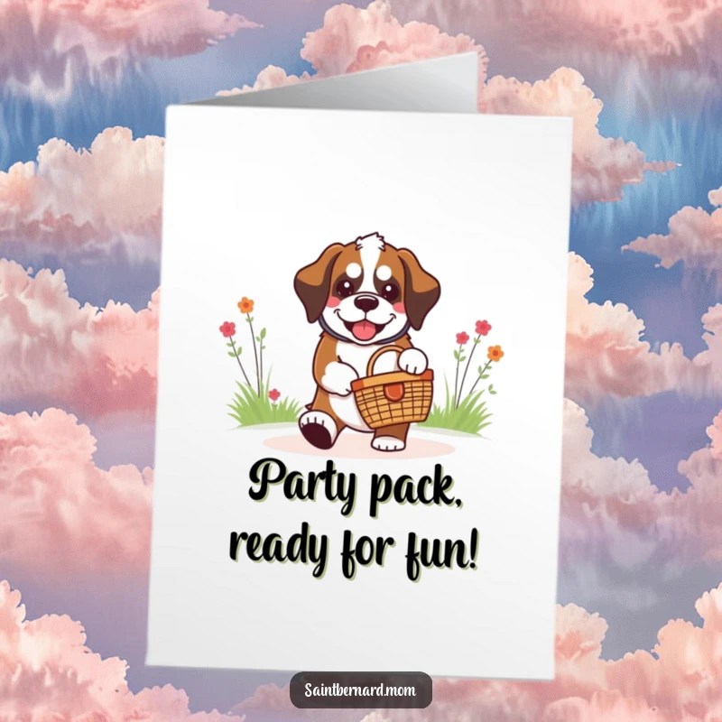 Funny Free Printable Birthday Card: Kawaii Saint Bernard with a big grin carries a tiny picnic basket.