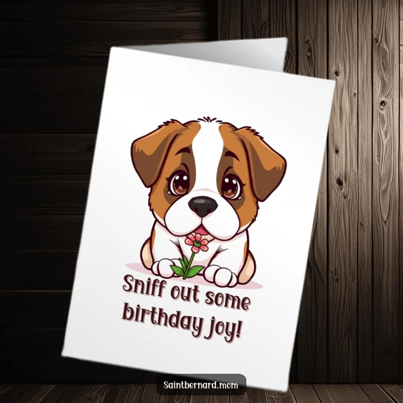 Funny Free Printable Birthday Card featuring a curious Kawaii Saint Bernard with wide eyes, gently sniffing a tiny, delicate flower.