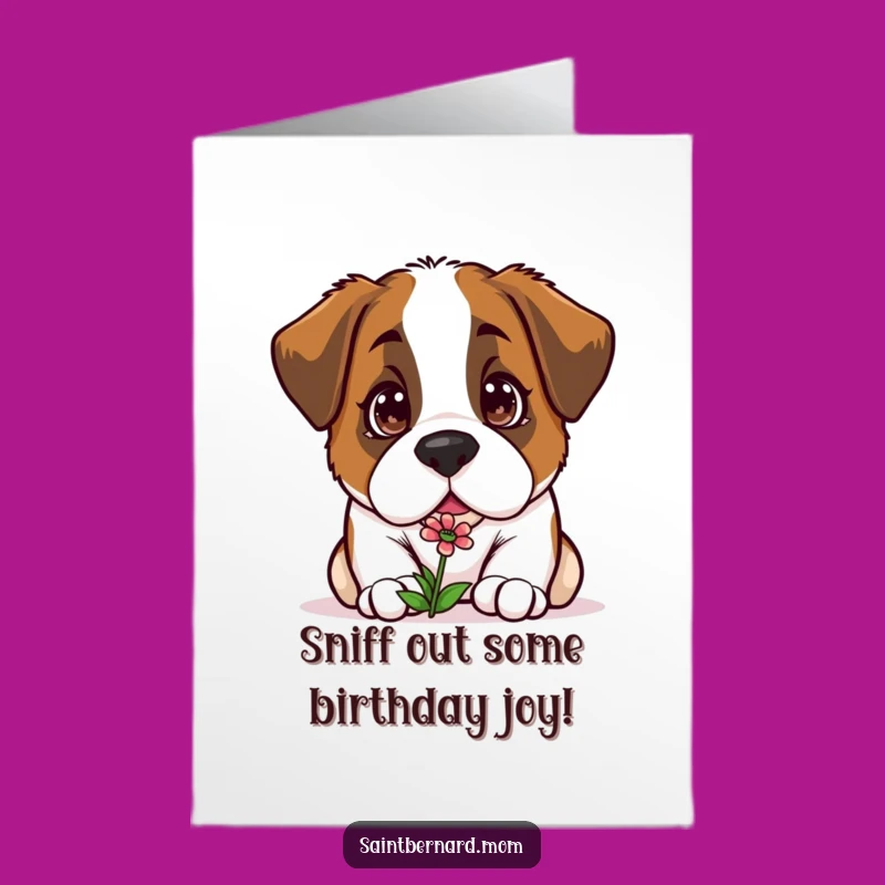 Free Printable Birthday Card: Curious Kawaii Saint Bernard Flower Downloadable Gift