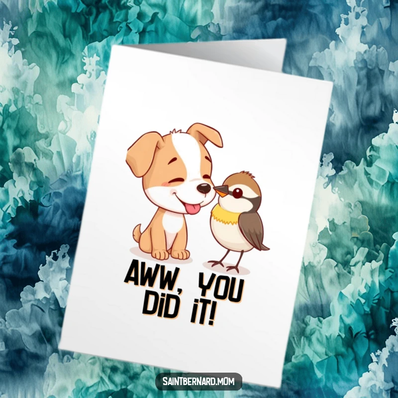 Funny Free Printable Congratulations Card: A dog offers a gentle lick to a tiny, curious bird, celebrating a new bond.