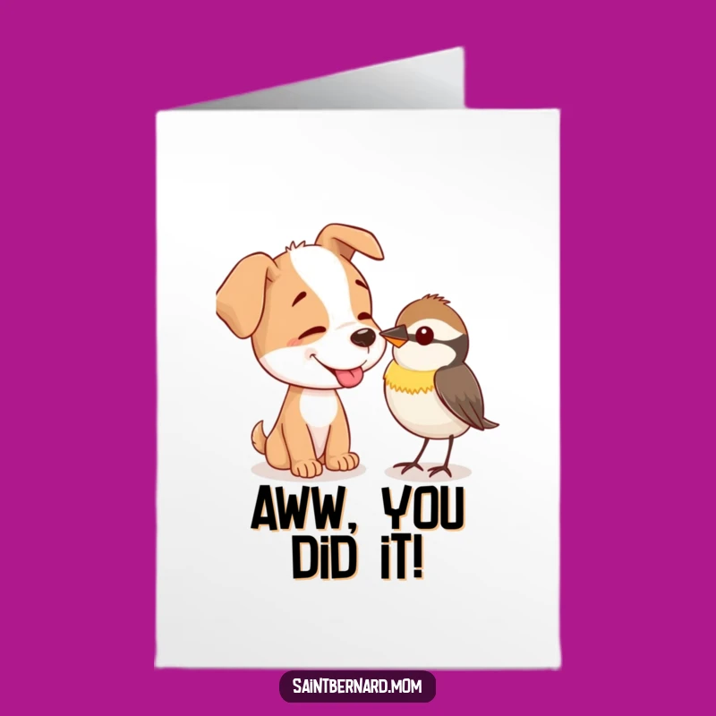 Free Printable Congrats Card: Dog Licking Bird, Unexpected Friendship Downloadable