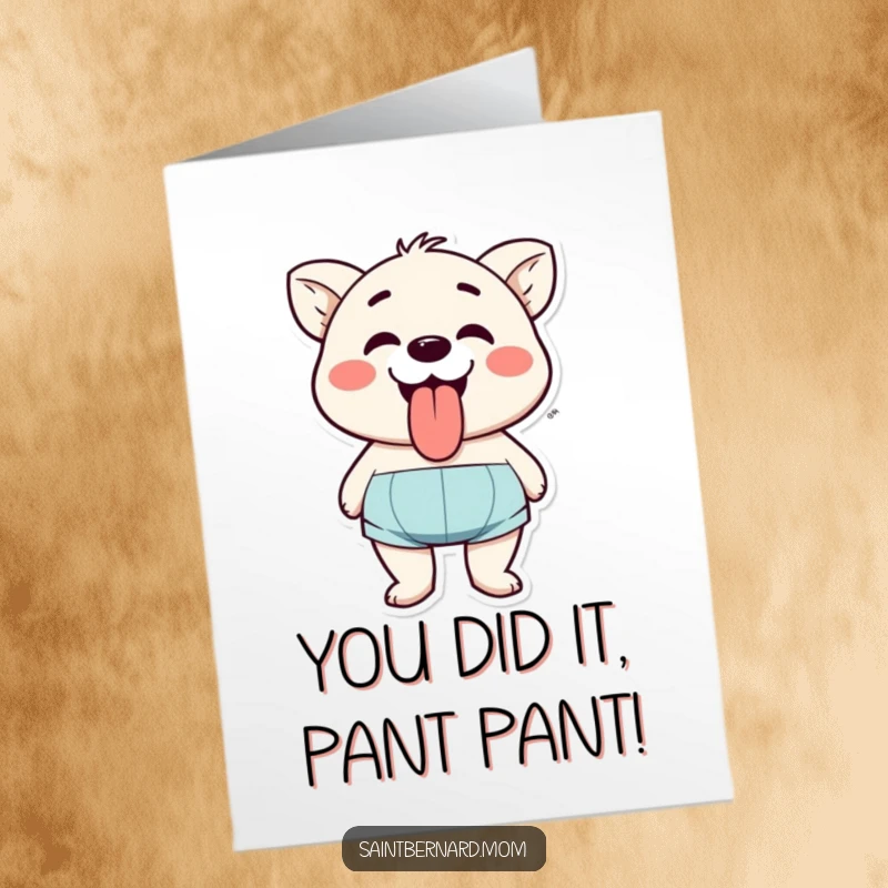 Funny Free Printable Congratulations Card: A character pants with glee, tongue out, conveying pure happiness, a downloadable cheers.
