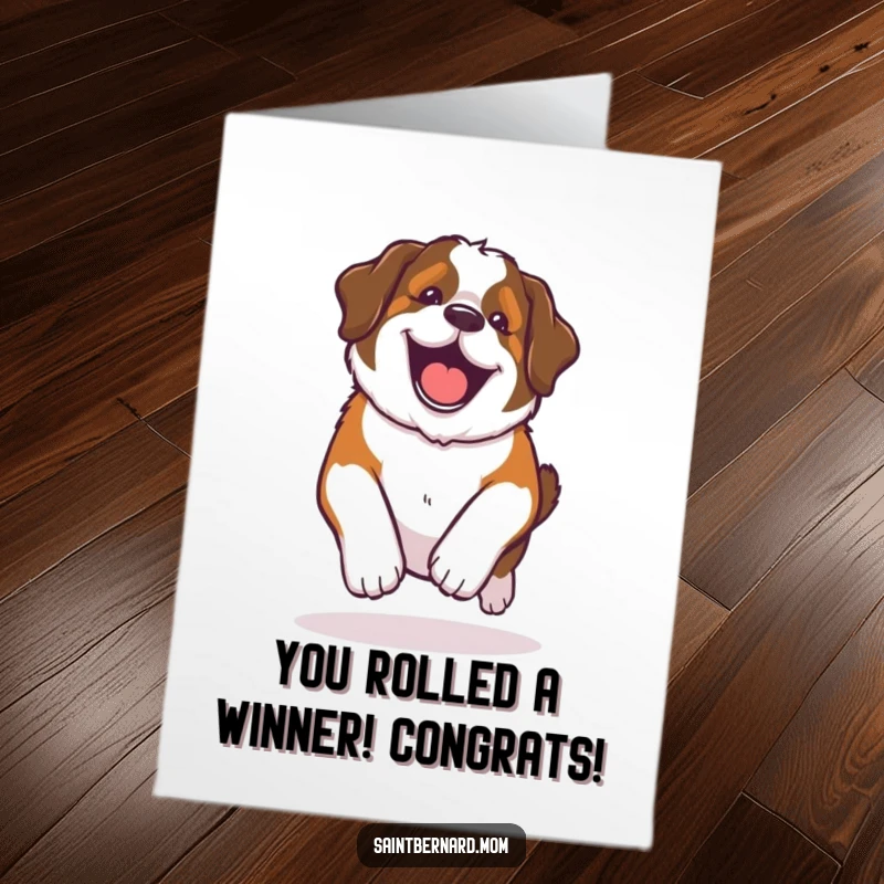 Funny Free Printable Congratulations Card featuring a Kawaii Saint Bernard in a gleeful, happy roll, celebrating success with pure, rollicking energy.