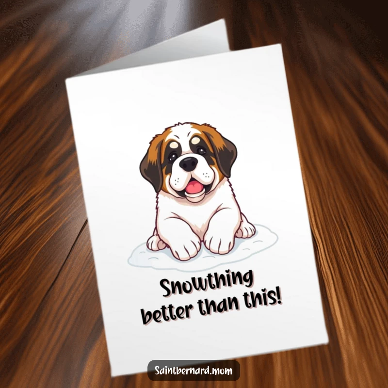 Free Printable Congratulations Card: A Saint Bernard dog calmly resting its paws on fresh, soft snow.