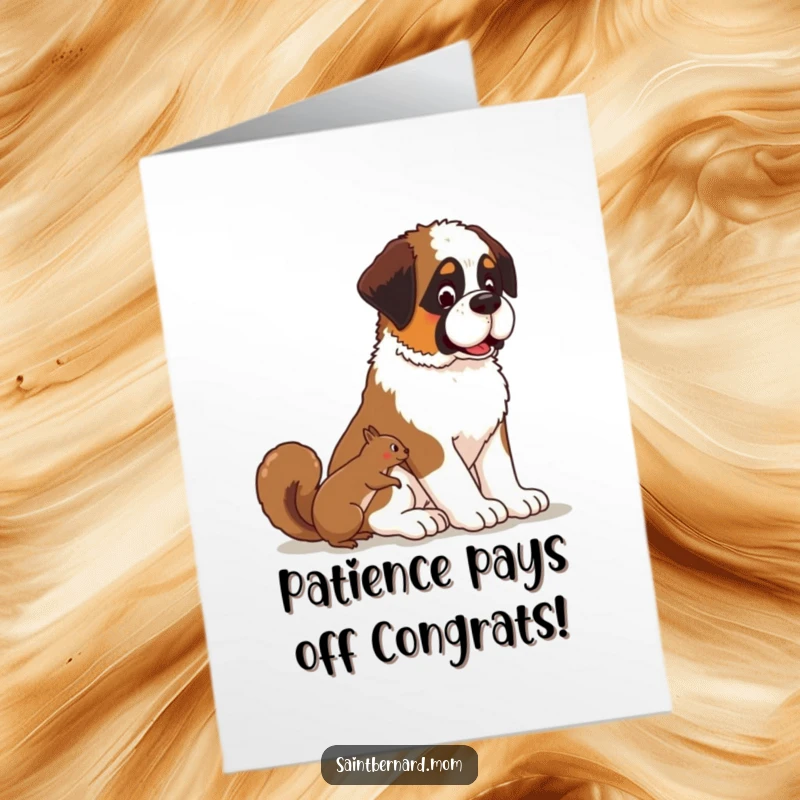 Funny Free Printable Congrats Card: Kawaii Saint Bernard sits patiently, watching a playful squirrel, symbolizing calm focus on achieving goals.