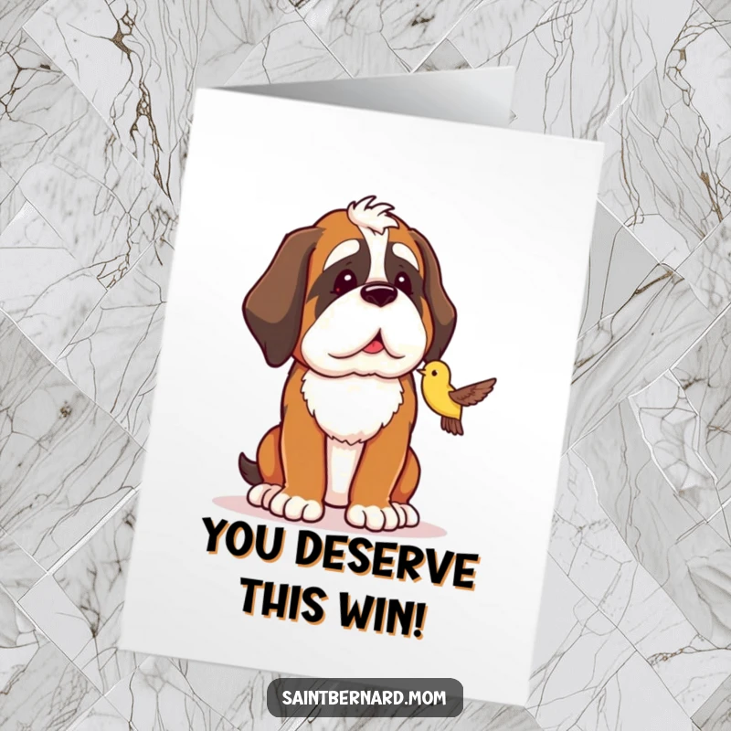 Funny Free Printable Congratulations Card: Saint Bernard in protective stance, looking fondly at a tiny bird, celebrating achievements.