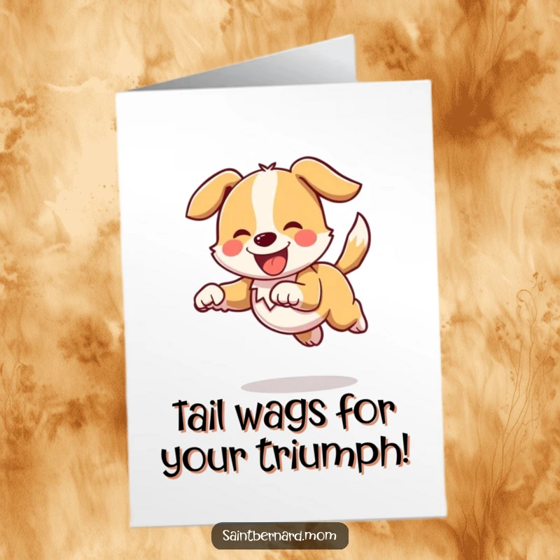 Funny Free Printable Congratulations Card: A dog joyfully bounding with its tail wagging high, symbolizing ecstatic celebration and achievement.