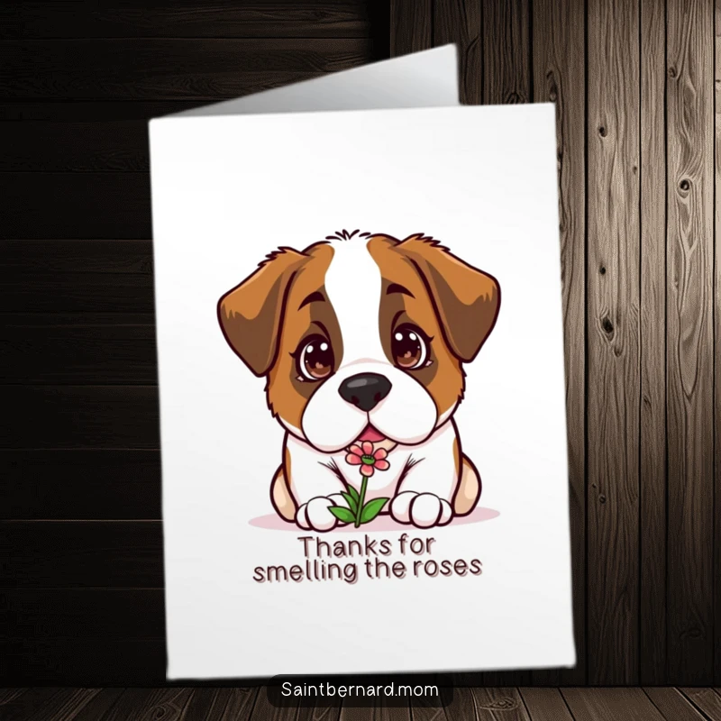 Funny Free Printable Thank You Card featuring a Kawaii Saint Bernard with curious eyes, sniffing a tiny flower, expressing gentle gratitude.
