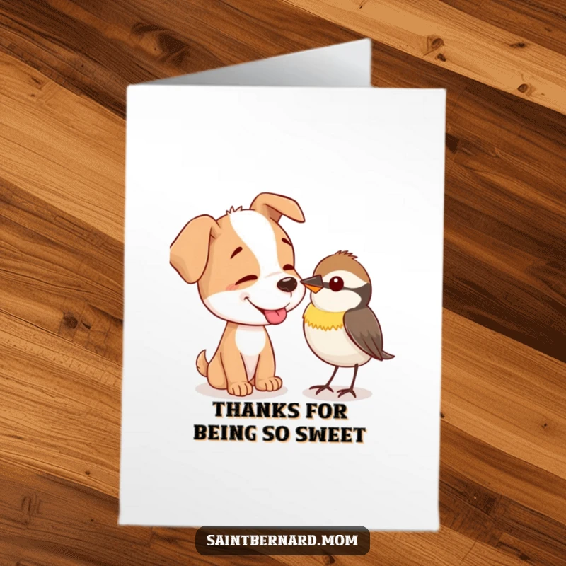 Funny Free Printable Thank You Card: A dog gently licks a tiny bird, a sweet gesture of thanks.