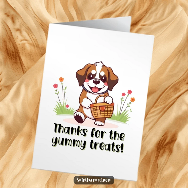 Funny Free Printable Thank You Card: Kawaii Saint Bernard grins, offering a tiny picnic basket as thanks.