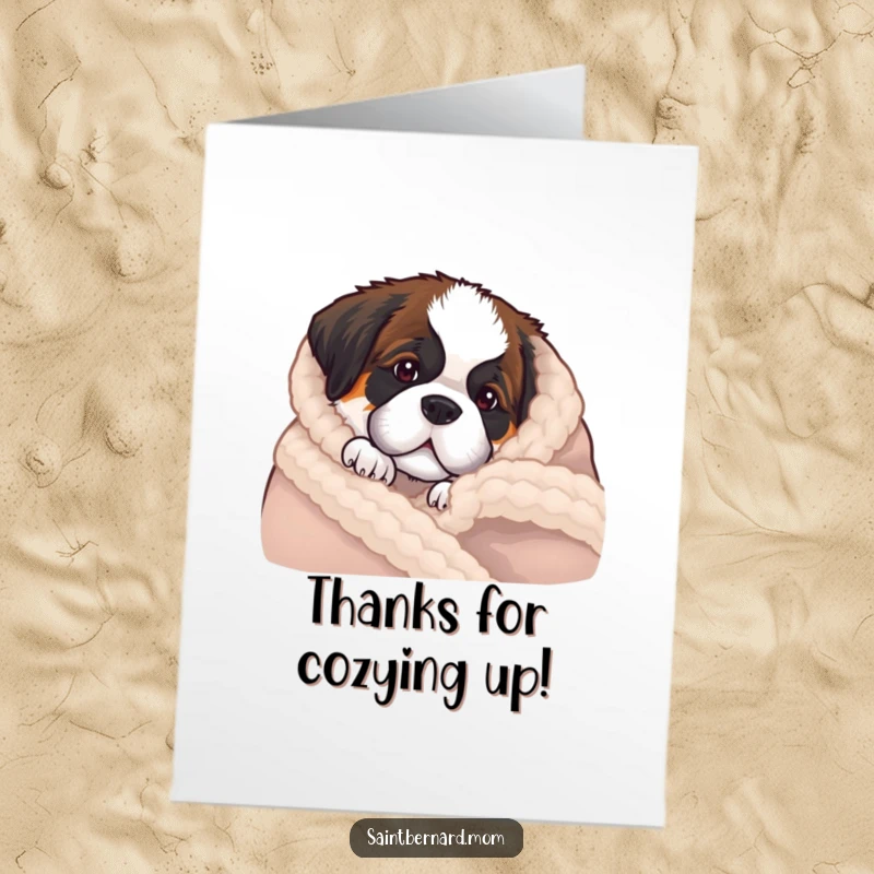 Funny Free Printable Thank You Card: Saint Bernard puppy peeking out from a fluffy wool blanket, offering a shy smile.