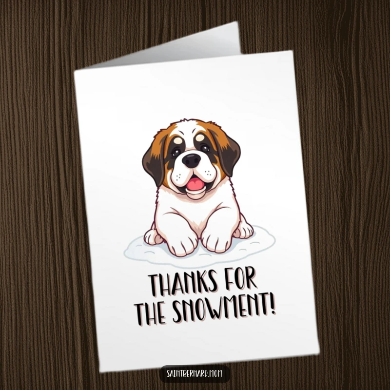 Free Printable Thank You Card: A Saint Bernard dog with paws gently placed on a bed of soft snow.