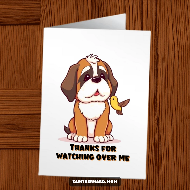 Funny Free Printable Thank You Card: Saint Bernard protector watching a tiny bird with affection, saying thank you sincerely.
