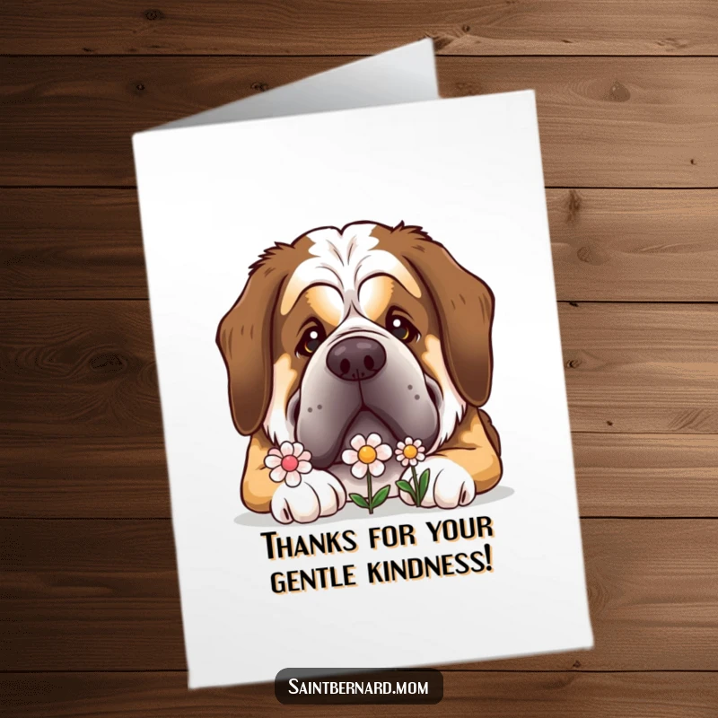 Funny Free Printable St Bernard Thank You Card: Massive dog with gentle eyes playfully interacting with a tiny, smiling flower.