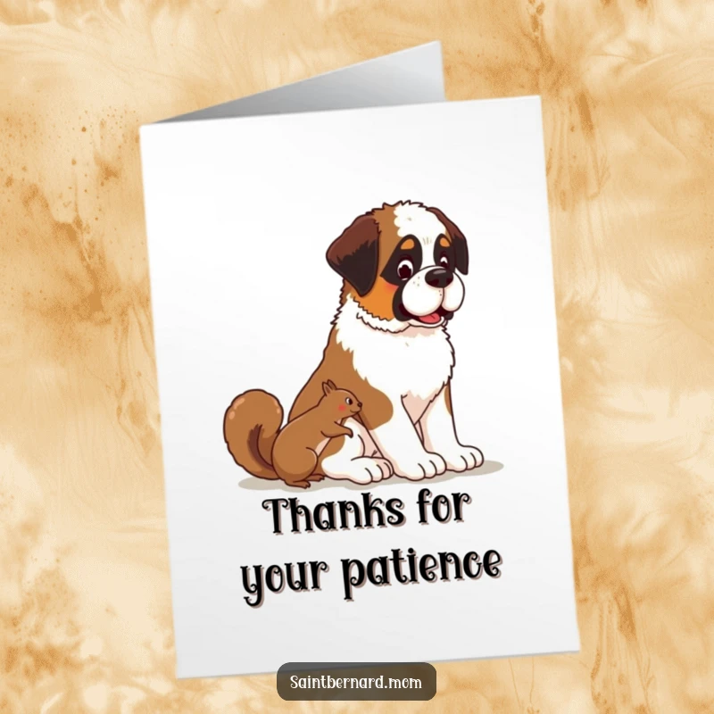 Funny Free Printable Thank You Card: Kawaii Saint Bernard sits patiently, watching a playful squirrel, showing a calm appreciation for kindness received.