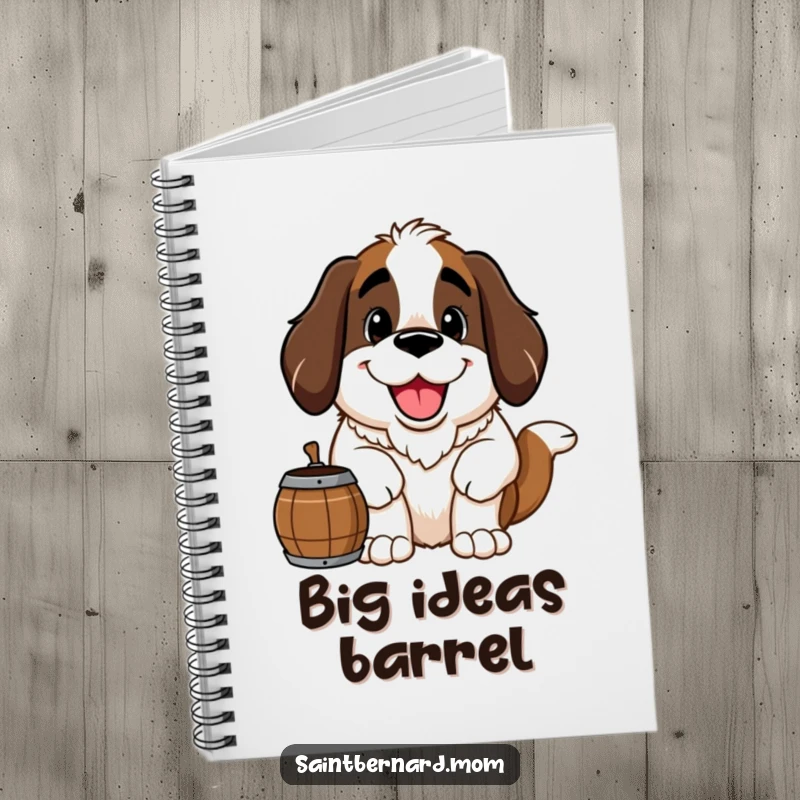 Funny Saint Bernard notebook featuring a large, happy Saint Bernard dog with a friendly grin and barrel, inspiring note-taking.