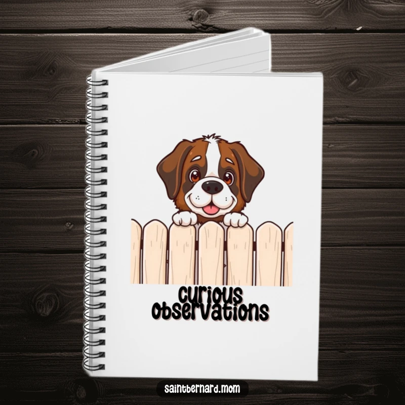 Funny Saint Bernard notebook with a dog peeking over a fence with a friendly expression, ideal for note-taking.