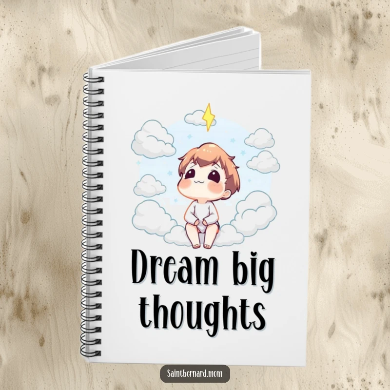 Funny notebook cover with a character looking contentedly up at fluffy clouds, perfect for capturing your most peaceful and creative ideas.