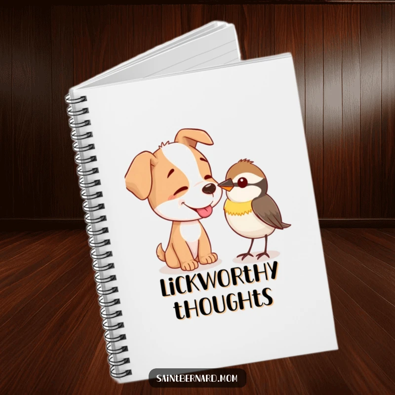 Funny Notebook: A dog gently offers a lick to a tiny, curious bird, inspiring your writing with kindness.