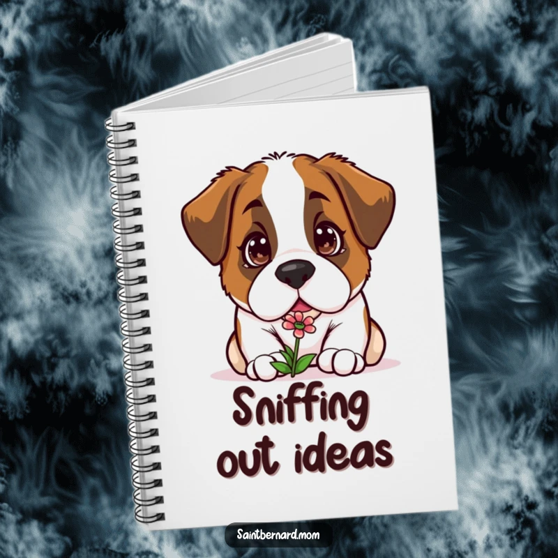 Funny Kawaii Saint Bernard notebook, a curious dog sniffing a small flower, ideal for jotting notes and observations.