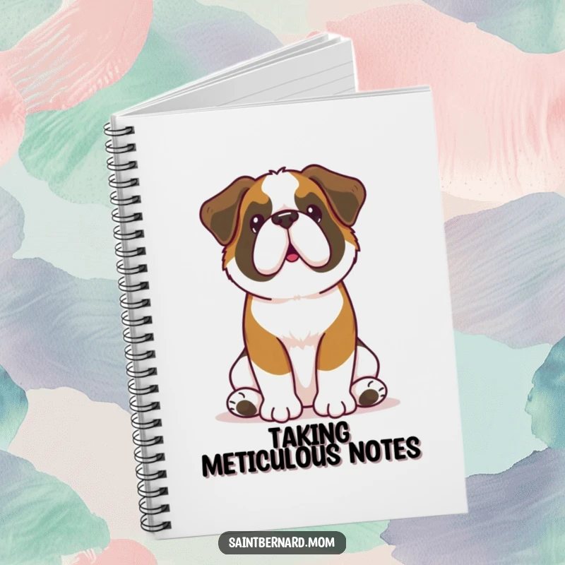 Funny Kawaii Saint Bernard notebook for writing, showcasing a dog sitting attentively with perked ears, perfect for capturing ideas with humorous loyalty.