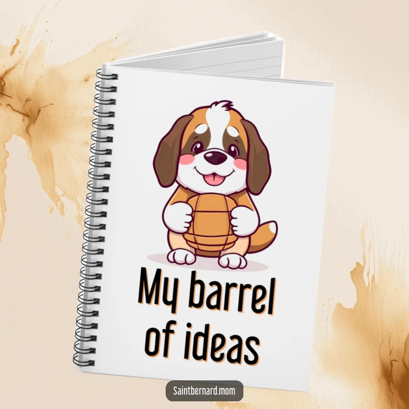 Funny Kawaii Saint Bernard notebook, featuring a smiling dog with a small barrel, perfect for jotting down notes and ideas.