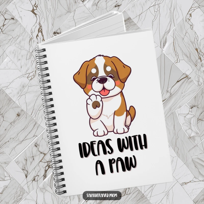 Funny Saint Bernard notebook with a kawaii dog offering a paw, ideal for writing notes, plans, and thoughts with a friendly vibe.