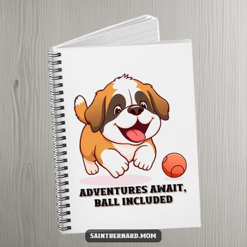Funny Saint Bernard notebook featuring a joyful dog chasing a rolling ball, ideal for capturing ideas with playful dog-themed humor.