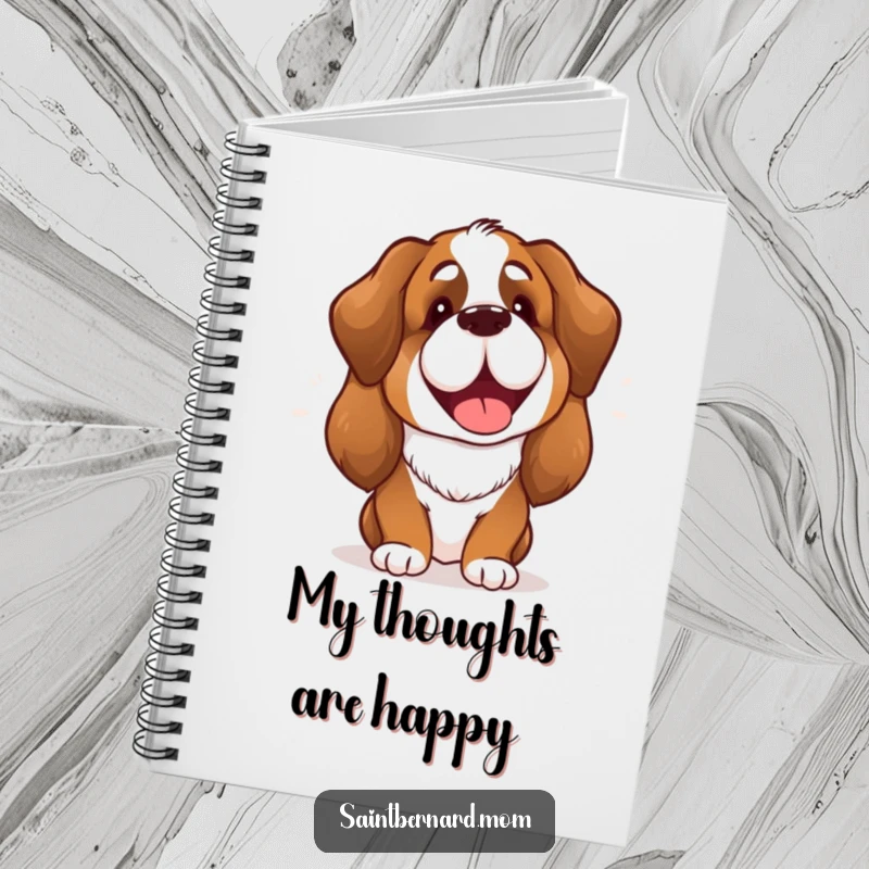 Funny Saint Bernard Lady Notebook with a cheerful dog mid-'bark', ready to inspire creative thoughts and happy journaling.