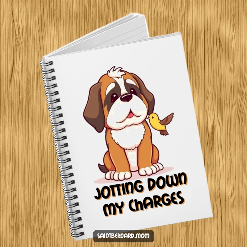 Funny Saint Bernard notebook with a cover showing a dog protectively looking at a small bird, perfect for writing.