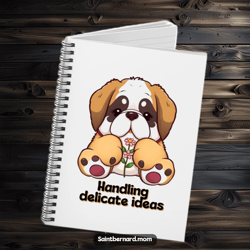 Funny Saint Bernard notebook with a cover showing a dog with huge paws gently carrying a tiny flower, great for notes.
