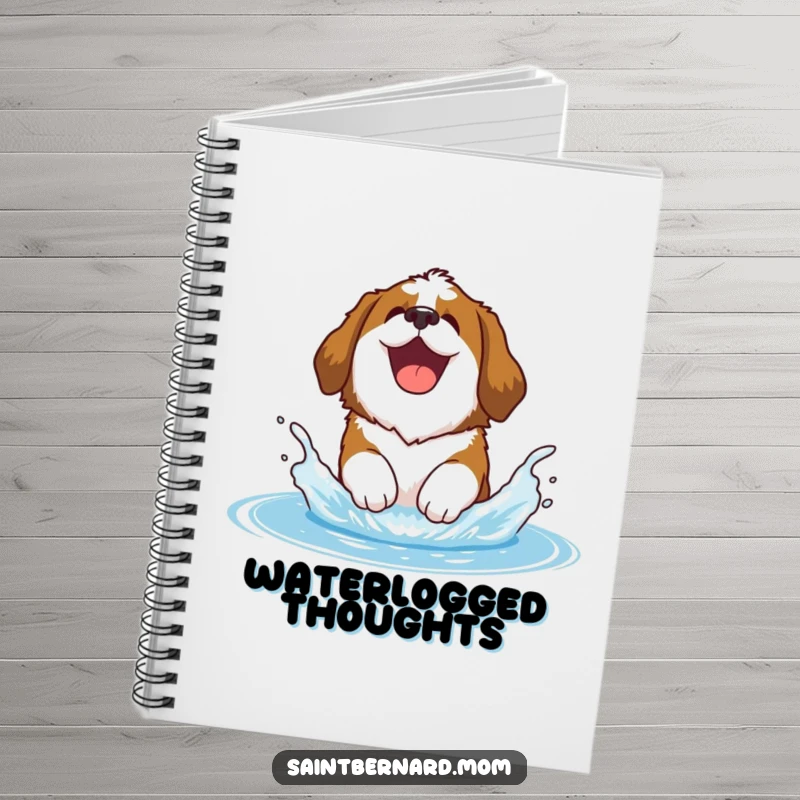 Funny Saint Bernard notebook featuring a happy Saint Bernard dog joyfully splashing in water, inspiring playful note-taking.