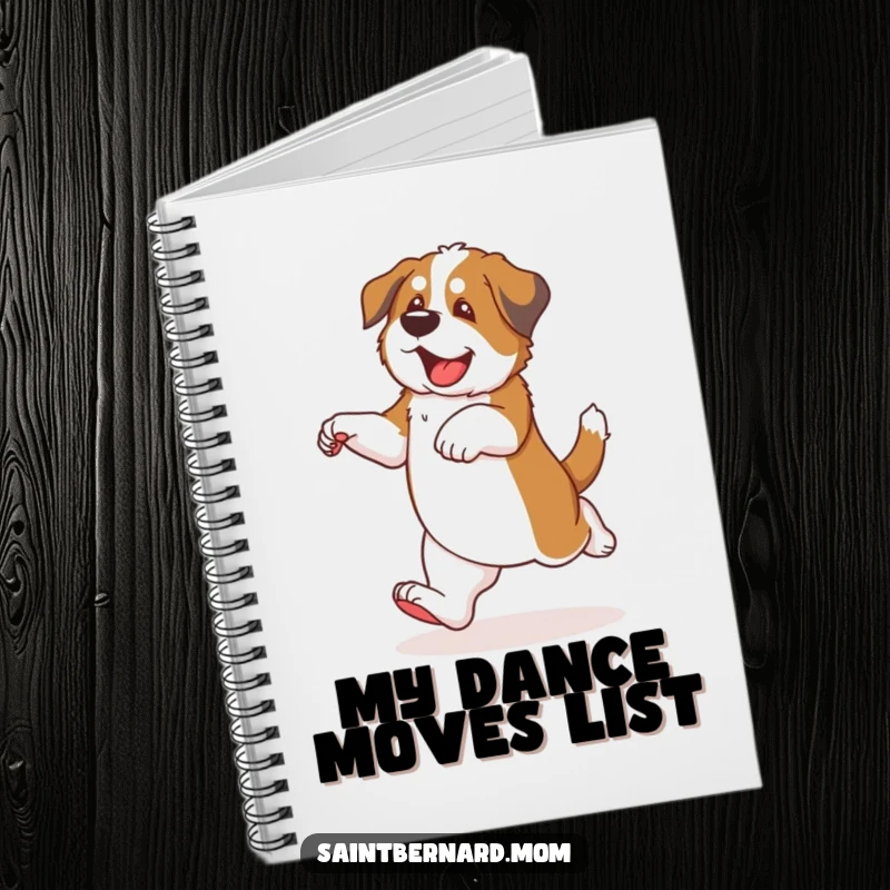 Funny Saint Bernard puppy notebook cover with a dog dancing with clumsy, happy steps, ideal for journaling.