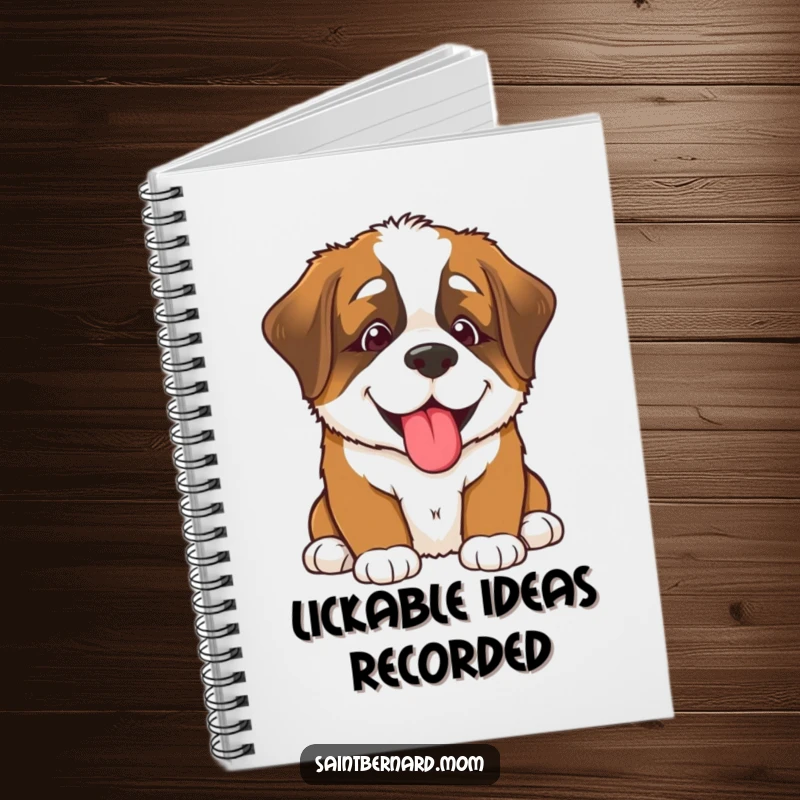 Funny Saint Bernard puppy notebook, a smiling dog offering a big lick, perfect for journaling and note-taking with a dose of canine cheer.