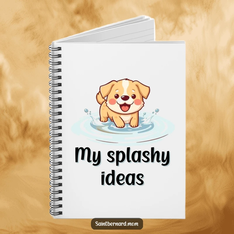 Funny splashing dog notebook, featuring a happy dog wading and splashing in shallow water, perfect for notes.