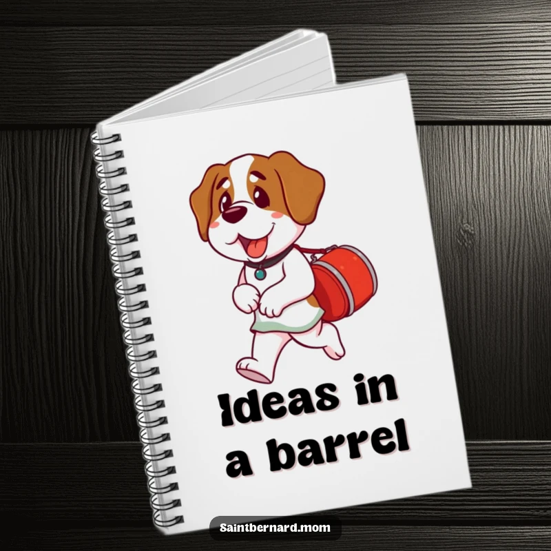 Funny Saint Bernard Lady Notebook depicting a dog carrying a small red barrel, symbolizing preparedness and organized note-taking.