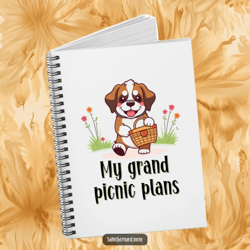 Funny kawaii Saint Bernard dog carrying a picnic basket with a grin, featured on the cover of an adventure-themed notebook.