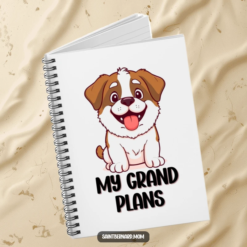 Funny Saint Bernard notebook with a happy, panting dog ready for adventure, ideal for jotting down notes and brilliant ideas.
