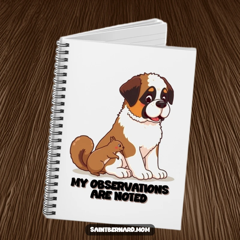 Funny Kawaii Saint Bernard dog notebook, patient pup watching a squirrel, ideal for journaling and thoughtful notes.