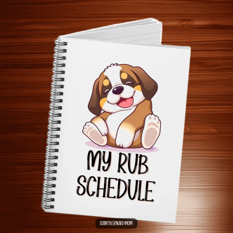 Funny Saint Bernard puppy notebook, a dog hilariously rolling on its back, requesting belly rubs, perfect for jotting down ideas with humor.
