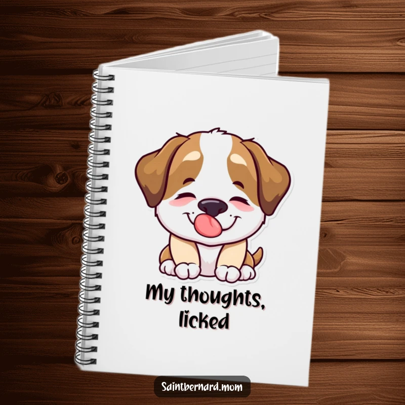 Funny Saint Bernard dog character offering a comforting lick on the cover of a notebook.
