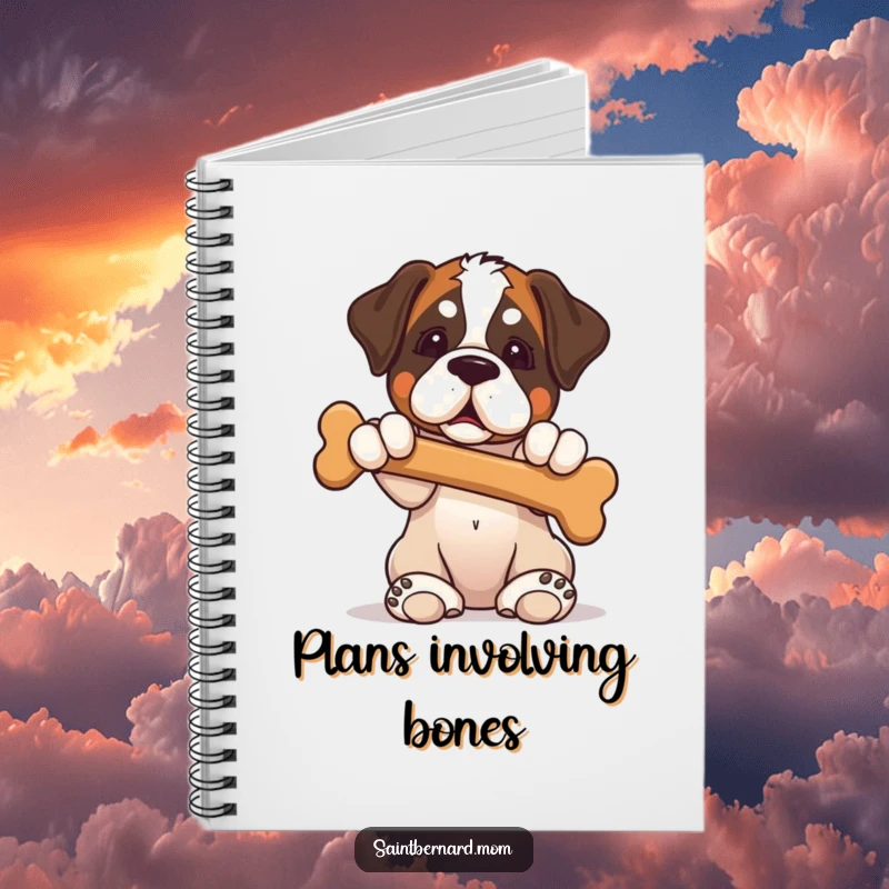 Funny Saint Bernard puppy notebook cover with a dog sitting, holding a bone, radiating innocence and charm.